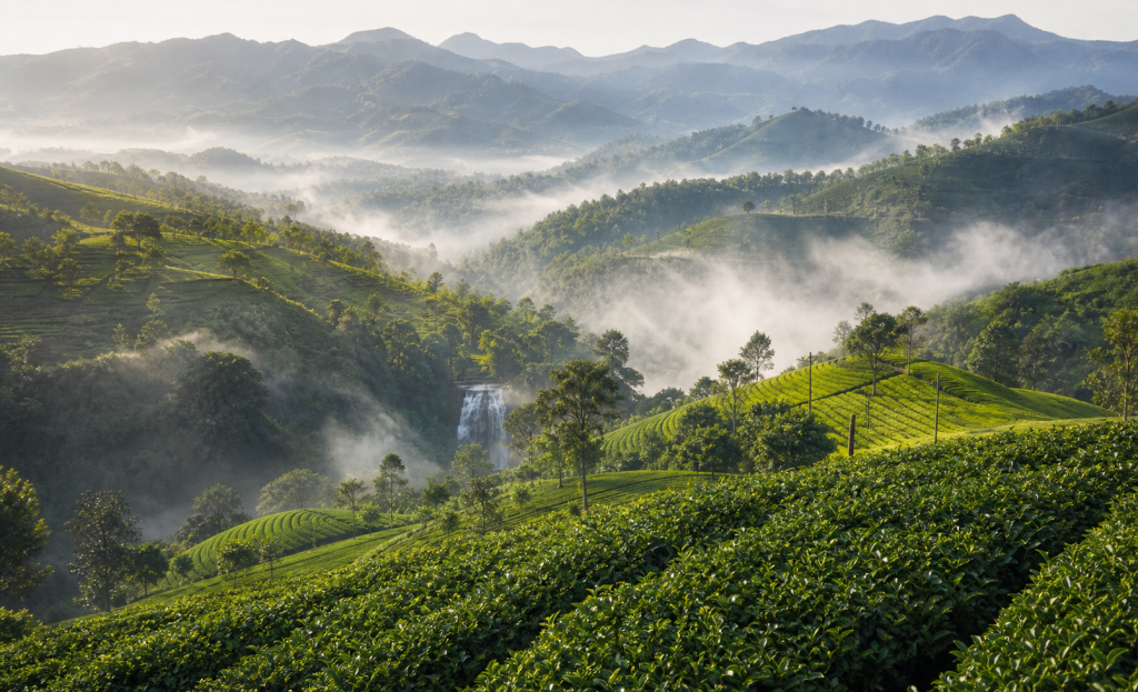 Bao Loc tea plantations and misty highland hills