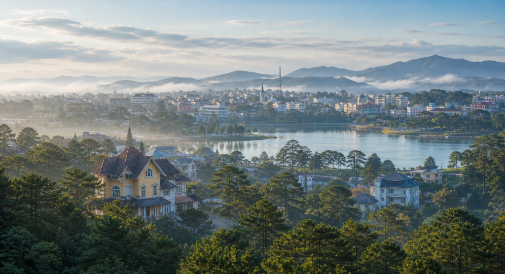 Da Lat highland lake, pine hills and flowers
