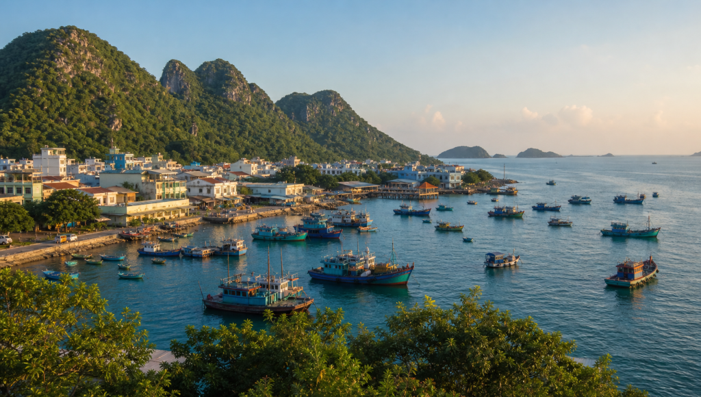Ha Tien coastal harbor and limestone hills