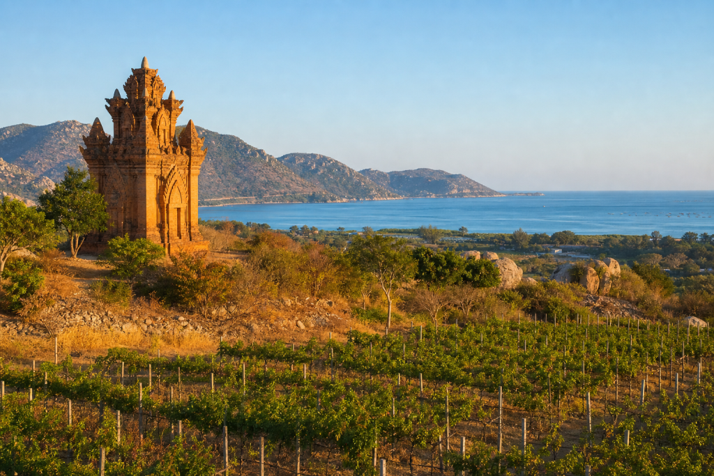 Phan Rang Cham tower, vineyards and Ninh Thuan coast