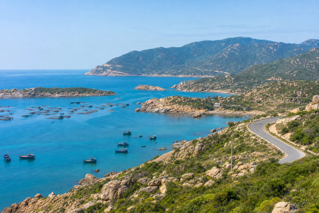 Vinh Hy Bay turquoise water and coastal road